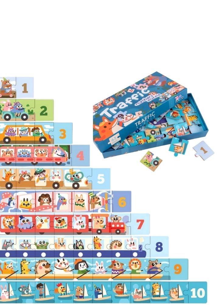 Premium Traffic Numbers Puzzle for Kids – Wooden Educational Jigsaw Game with Animals & Counting Pieces for Early Learning - Image 1